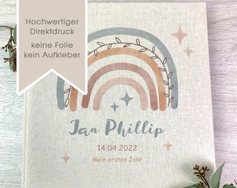 Fotoalbum, Personalisiert, Baby, Kind, Erinnerungsalbum, Regenbogen, Geschenk, Geburt, Taufe, Beige