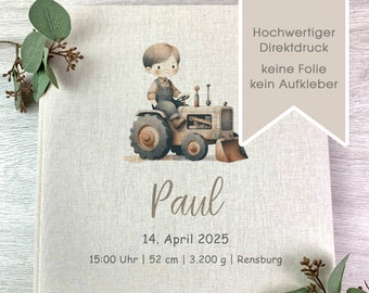 Fotoalbum, Personalisiert, Baby, Kind, Erinnerungsalbum, Bagger, Geschenk, Beige