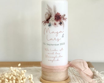 High-quality wedding candle "Maya & Lars", wedding candle, direct print, bow, ribbon, noble