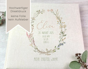 Fotoalbum, Personalisiert, Baby, Kind, Erinnerungsalbum, Blumenkranz, Geschenk, Geburt, Beige