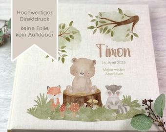 Fotoalbum, Personalisiert, Baby, Kind, Erinnerungsalbum, Wald, Bär, Natur, Geschenk, Beige