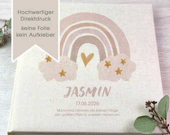 Fotoalbum personalisiert, Baby, Kind, Erinnerungsalbum, Mädchen, Regenbogen Jasmin, Geschenk, Geburt, Taufe, Beige