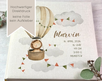 Fotoalbum, Personalisiert, Baby, Erinnerungsalbum, Geschenk, Geburt, Löwe, Leinen, Beige