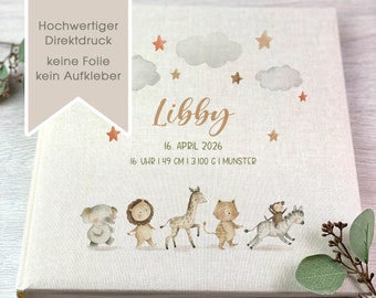 Fotoalbum personalisiert, Baby, Kind, Erinnerungsalbum, Safari Tiere, Geschenk, Beige