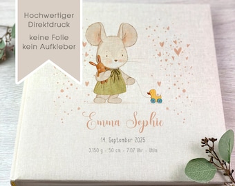 Photo album, personalized, baby, child, memory album, girl, mouse, gift, beige