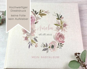 Fotoalbum, Taufe, Personalisiert, Kind, Erinnerungsalbum, Mädchen, Blumenkranz, Geschenk, Beige