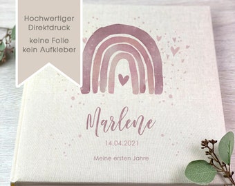 Fotoalbum, Personalisiert, Baby, Kind, Erinnerungsalbum, Mädchen, Regenbogen, Geschenk, Geburt, Taufe, Beige