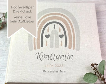 Fotoalbum, Personalisiert, Kind, Erinnerungsalbum, Regenbogen, Geschenk, Geburt, Kommunion, Beige