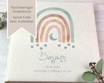 Fotoalbum, Personalisiert, Baby, Kind, Erinnerungsalbum, Regenbogen 9, Geschenk, Geburt, Taufe, Beige