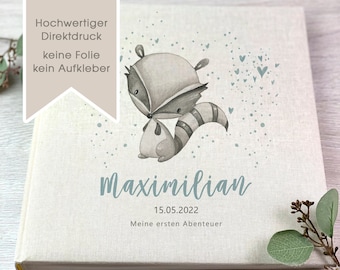 Fotoalbum, Personalisiert, Baby, Kind, Erinnerungsalbum, Junge, Waschbär, Geschenk, Beige