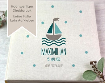 Fotoalbum, Personalisiert, Baby, Kind, Erinnerungsalbum, Schiff, Geschenk, Geburt, Taufe, Beige