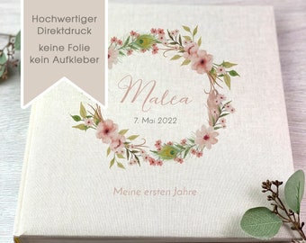 Fotoalbum personalisiert Malea, Baby, Kind, Erinnerungsalbum, Blumenkranz, Geschenk, Beige