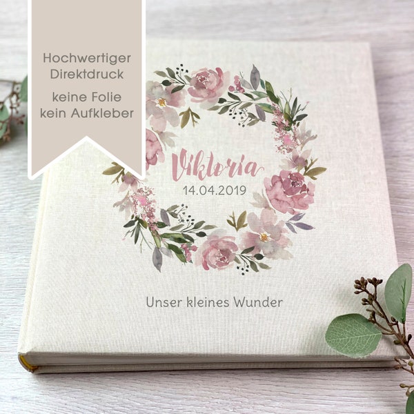 Fotoalbum, Personalisiert, Baby, Kind, Erinnerungsalbum, Blumenkranz, Viktoria, Geschenk, Beige