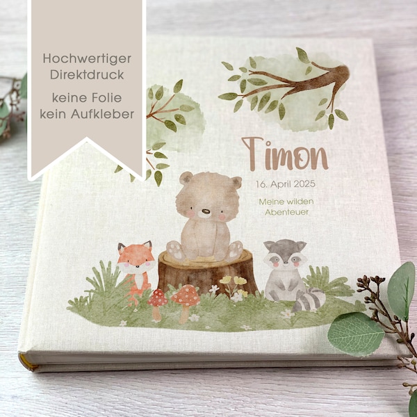 Fotoalbum, Personalisiert, Baby, Kind, Erinnerungsalbum, Wald, Bär, Natur, Geschenk, Beige