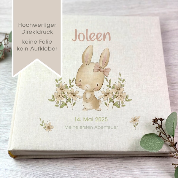 Fotoalbum, Personalisiert, Baby, Kind, Erinnerungsalbum, Häschen, Mädchen, Geschenk, Beige