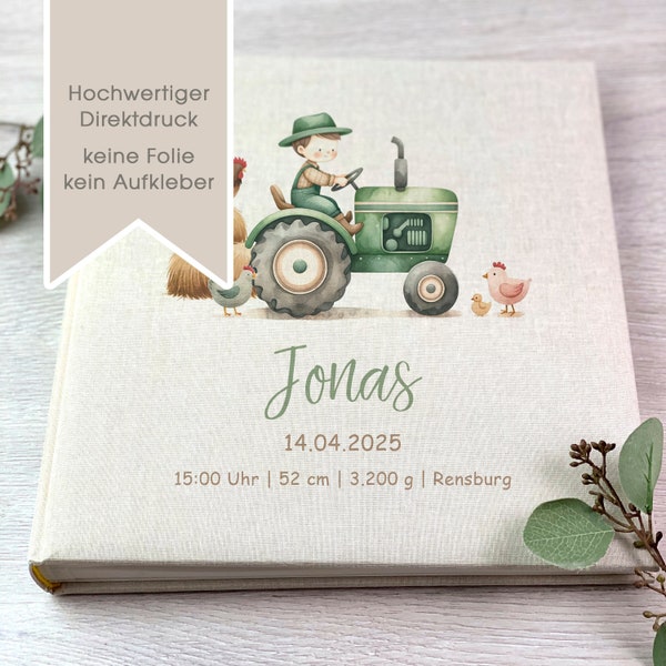 Fotoalbum, Personalisiert, Baby, Kind, Erinnerungsalbum, Bauernhof, Trecker, Tiere, Geschenk, Beige