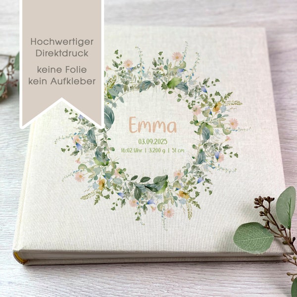 Fotoalbum, Personalisiert, Baby, Kind, Erinnerungsalbum, Blumenkranz, Geschenk, Geburt, Beige