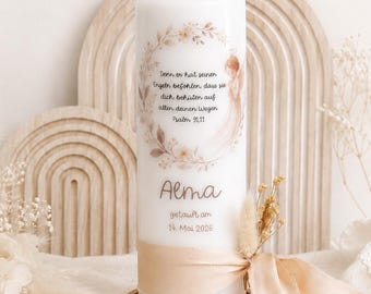 Personalized christening candle "Alma" with dried flowers – christening candle with angel, flower wreath and christening verse