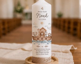 Personalized christening candle “Noah” with Noah’s Ark motif – modern candle for christening including gift box