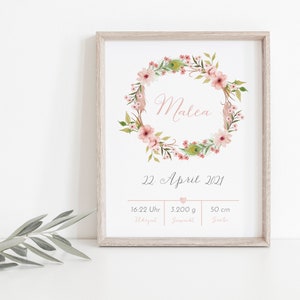 Babyposter, Geschenk, Geburtsposter, Geburtsanzeige, Kinderzimmerbild, Personalisiert, Boho, Blumenkranz, Mädchen, Baby