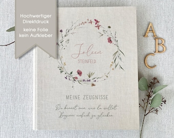 Carpeta de certificados personalizada, Joleen, flores de prado, niñas, certificados, carpeta, escuela, lino, beige