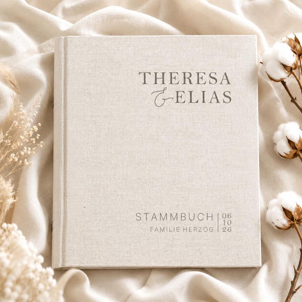 Stammbuch personalisiert, Familienstammbuch, Ordner Formate A5, A4, Beige, Register, verschiedene Designs, Leineneinband, Blumenkranz