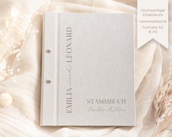 Family book "Emilia & Leonard", folder or folder formats A5, A4, beige, register, high-quality linen cover, plain