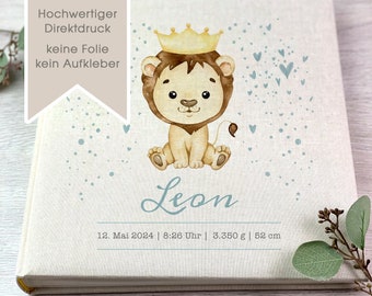 Fotoalbum, Personalisiert, Baby, Kind, Erinnerungsalbum, Löwe, Geschenk, Geburt, Beige, Leinen