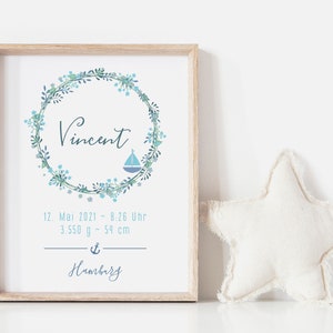 Babyposter, Geschenk, Geburtsposter, Geburtsanzeige, Kinderzimmerbild, Personalisiert, Kranz, Schiff, Anker, Junge