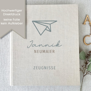 Zeugnismappe Jannik, Zeugnisse, Dokumente, Ordner, Schule, Einschulung, Papierflieger, personalisiert, Leinen, Beige
