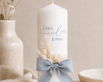 High-quality wedding candle "Caro & Jonas", wedding candle, candle, wedding, wedding candle, grey-blue, blue, ribbon, dried flowers