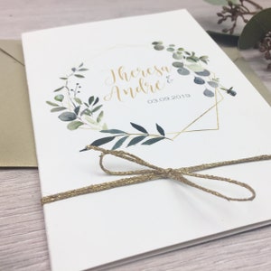 Hochzeitseinladung Einladung, Hochzeitskarte, Boho, Eukalyptus, Klappkarte, Goldoptik, ab 25 Stück - Serie 39a