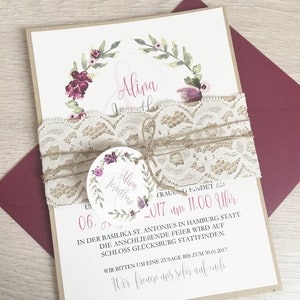 Einladung Hochzeit, Hochzeitseinladung, Vintage, Bordeaux, Kraftpapier, Spitze, Monogramm - Serie 1