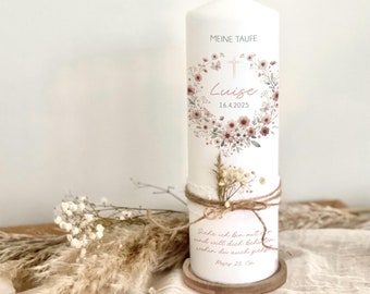 Christening candle with dried flowers Luise, flower wreath, modern, high-quality, candle, christening, beige, personalized