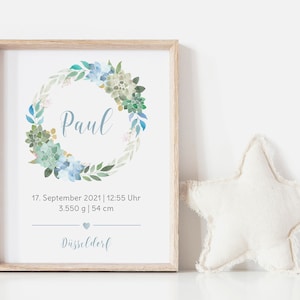 Babyposter, Geschenk, Geburtsposter, Geburtsanzeige, Kinderzimmerbild, Personalisiert, Kranz, Junge