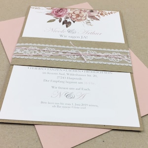 Hochzeitseinladung, Einladung Hochzeit, Kraftpapier, Blush Pink, Spitze - Serie 23