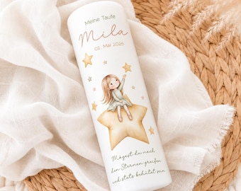 Personalized christening candle “Mila” for girls – candle for christening or blessing with stars and blessing.