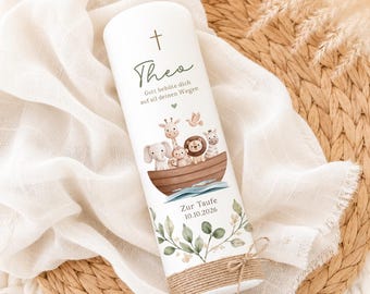 Personalized christening candle “Theo” with Noah’s Ark and green branches – modern christening candle including gift box