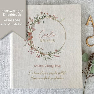 Zeugnismappe Carla, Mädchen, Zeugnisse, Dokumente, Ordner, Schule, personalisiert, Leinen, Beige