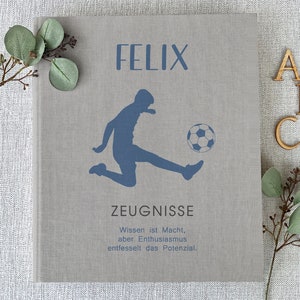 Zeugnismappe personalisiert, Zeugnisse, Zeugnismappe, Urkunden, Dokumente, Junge, Ordner, Sport, Fussball, Leinen, Grau