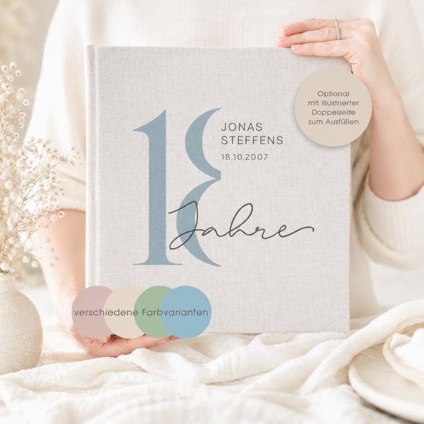 Fotoalbum personalisiert mit Namen und Geburtsdatum, Geburtstag, Erinnerungsalbum, 18 Geburtstag, Volljährigkeit, Geschenk, Leinen, Beige