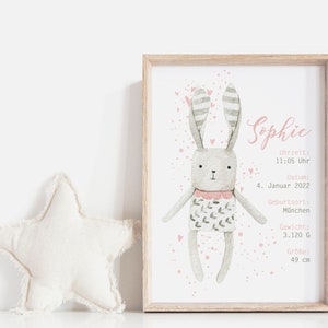 Babyposter, Geschenk, Geburtsposter, Geburtsanzeige, Kinderzimmerbild, Personalisiert, Boho, Häschen