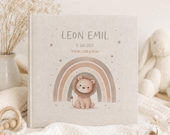 Personalized photo album Baby Lion and Rainbow "Leon Emil" with name and birth details – gift for birth and christening