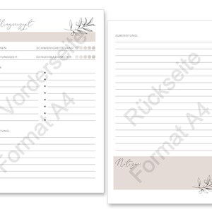 May include: Two white A4 recipe planner pages with pre-punched holes on the left side. The front page features the text "Lieblingsrezept," a light beige header, and an olive branch illustration. The back page has lined space for notes and a beige footer.