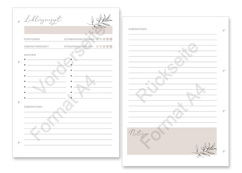 May include: Two white A4 recipe planner pages with pre-punched holes on the left side. The front page features the text "Lieblingsrezept," a light beige header, and an olive branch illustration. The back page has lined space for notes and a beige footer.
