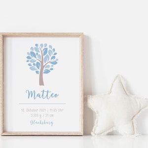 Babyposter, Geschenk, Geburtsposter, Geburtsanzeige, Kinderzimmerbild, Personalisiert, Baum, Lebensbaum, Junge