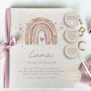 Zeugnisordner Luna, GLITZER, Zeugnisse, Ordner, Schule, personalisiert, Einschulung, Regenbogen, Leinen, Beige