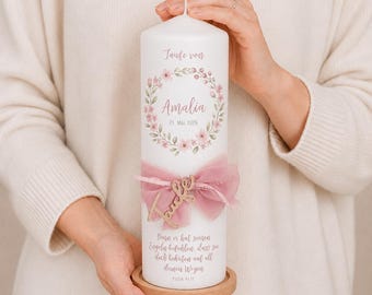 Personalized christening candle Amalia with ribbon, pendant & flower wreath | Modern christening candle in pink