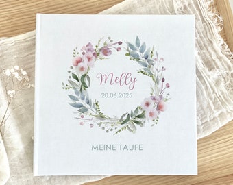 Gästebuch Taufe personalisiert, Blumenkranz Melly, Erinnerungsbuch, Taufe, Kommunion, Konfirmation, Geschenk, Beige