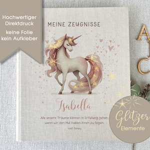 Zeugnismappe Isabella, GLITZER, Zeugnisse, Ordner, Schule, personalisiert, Einschulung, Einhorn, Pferd, Leinen, Beige